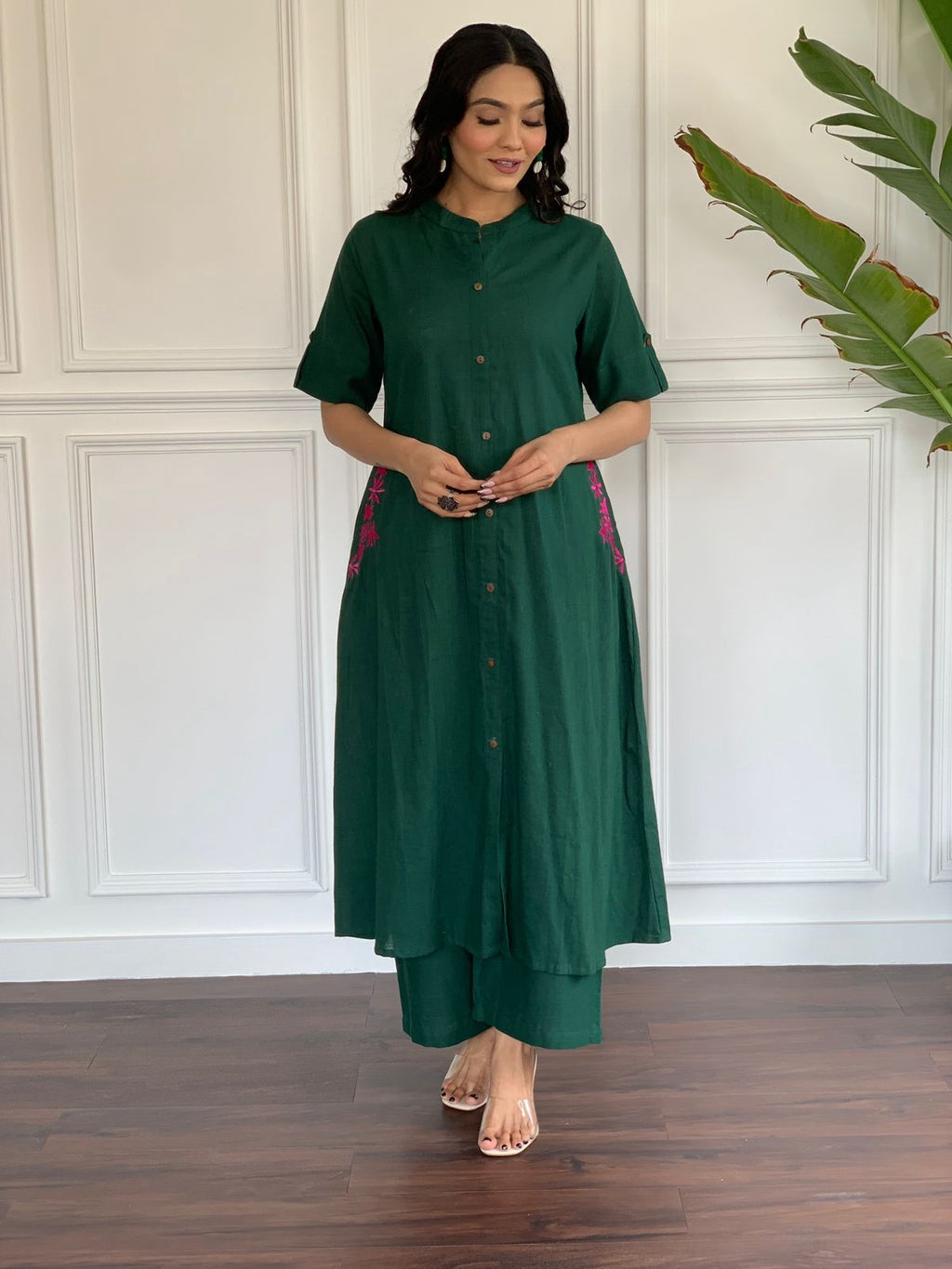 Green Cotton Kurti Set with Side Embroidery