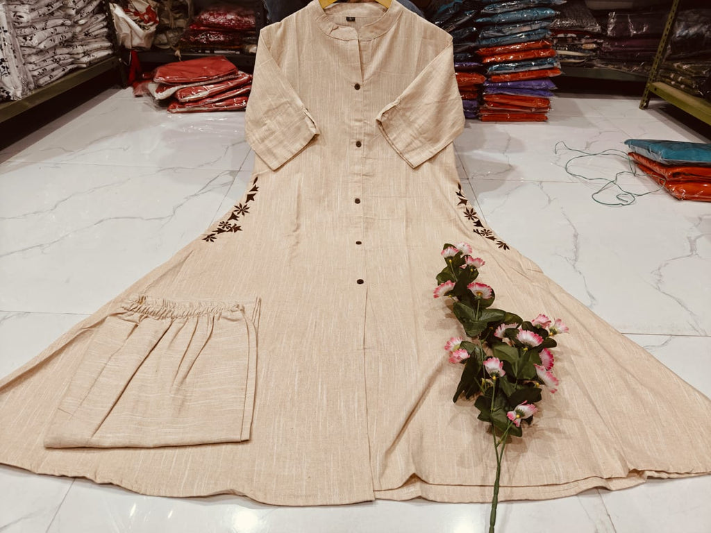 Beige Cotton Kurti Set with Side Embroidery