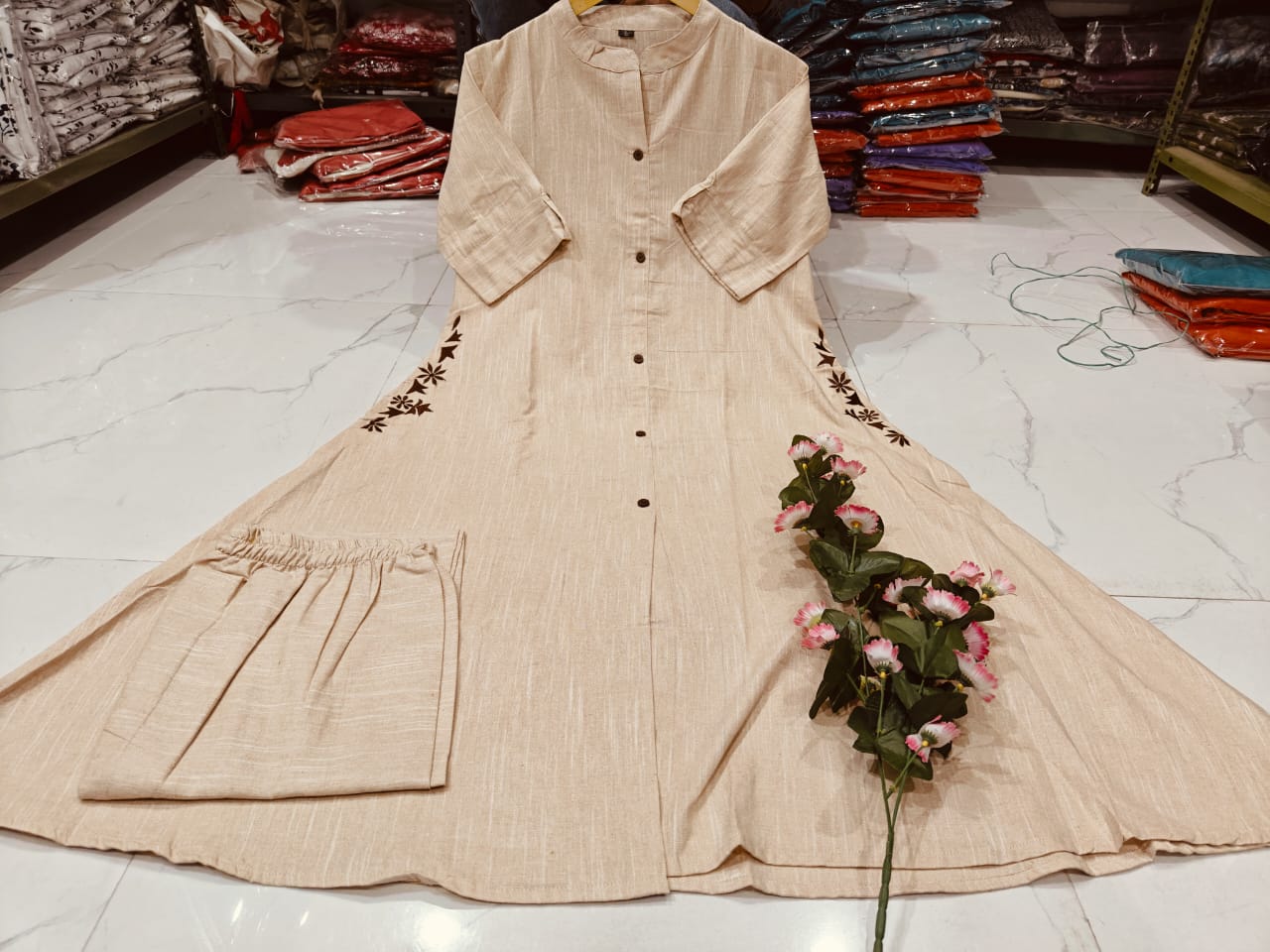 Beige Cotton Kurti Set with Side Embroidery