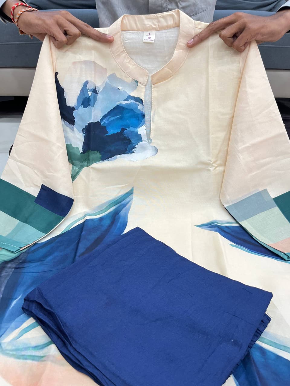 White & Blue Foliage Muslin A-Line Co-ord set