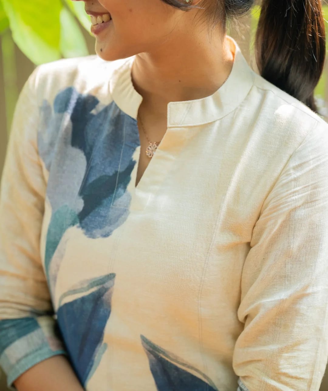 White & Blue Foliage Muslin A-Line Co-ord set