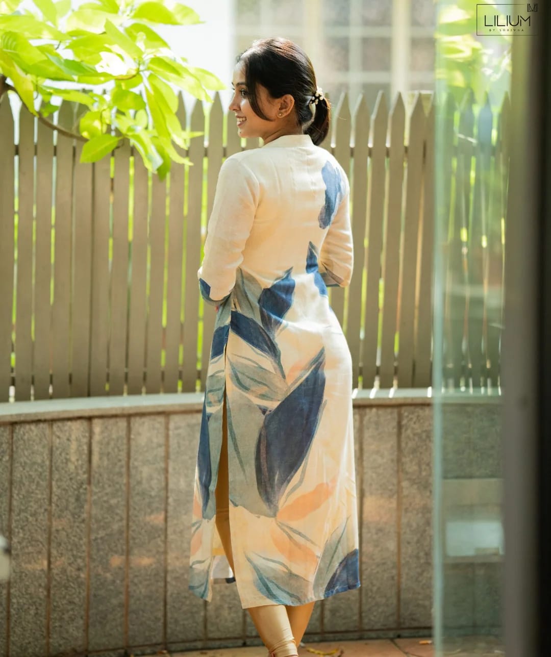 White & Blue Foliage Muslin A-Line Co-ord set