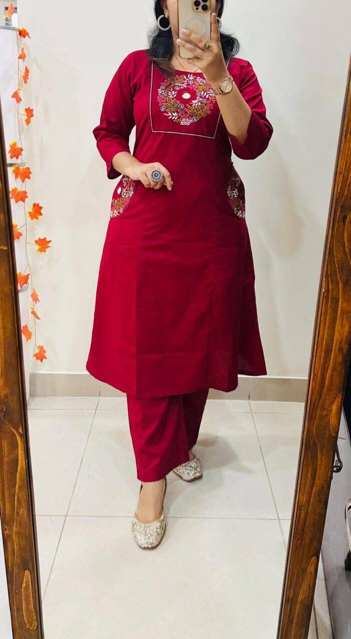 Women's Ruby Red Floral Yoke Kurta & Pant