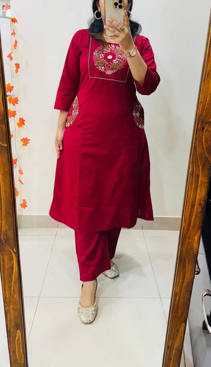Women's Ruby Red Floral Yoke Kurta & Pant