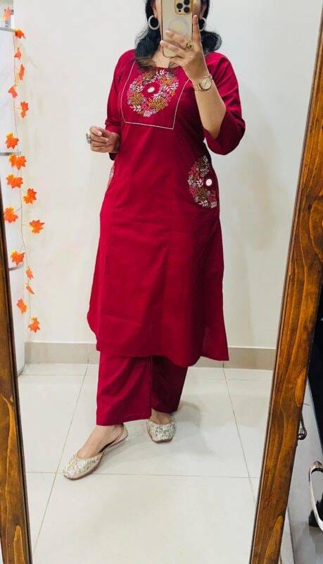 Women's Ruby Red Floral Yoke Kurta & Pant