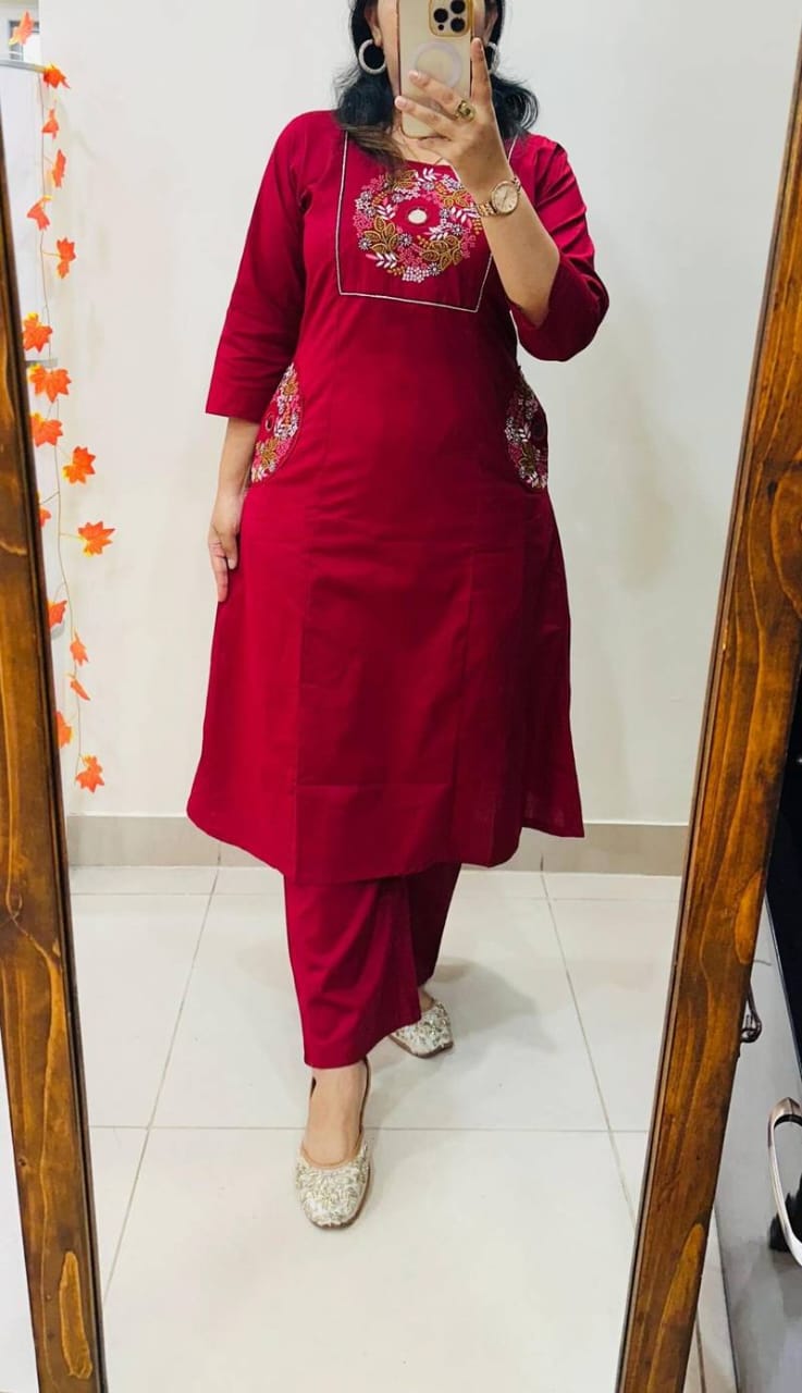 Women's Ruby Red Floral Yoke Kurta & Pant