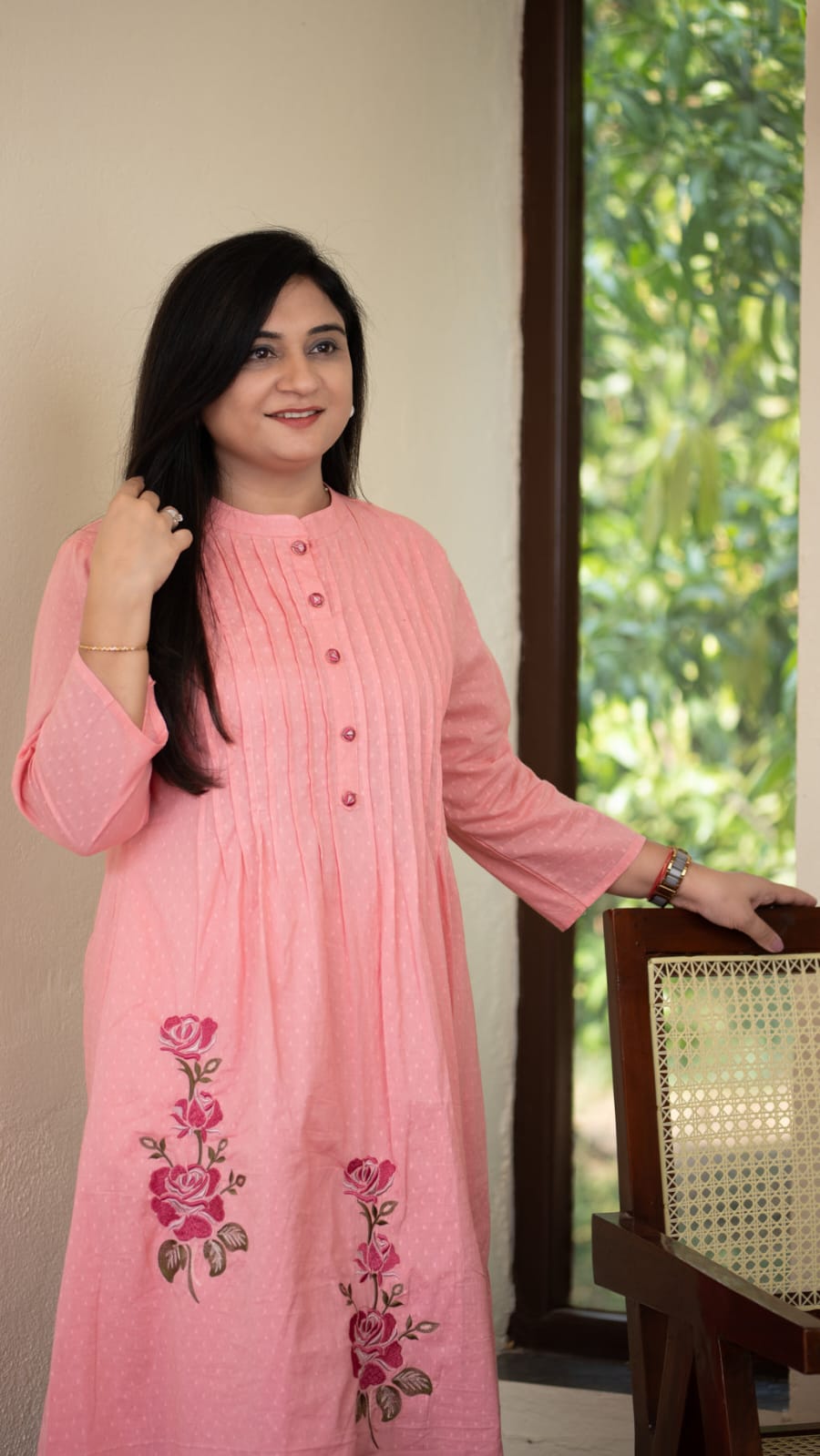 Pink Pintuck Kurta with Floral Embroidery