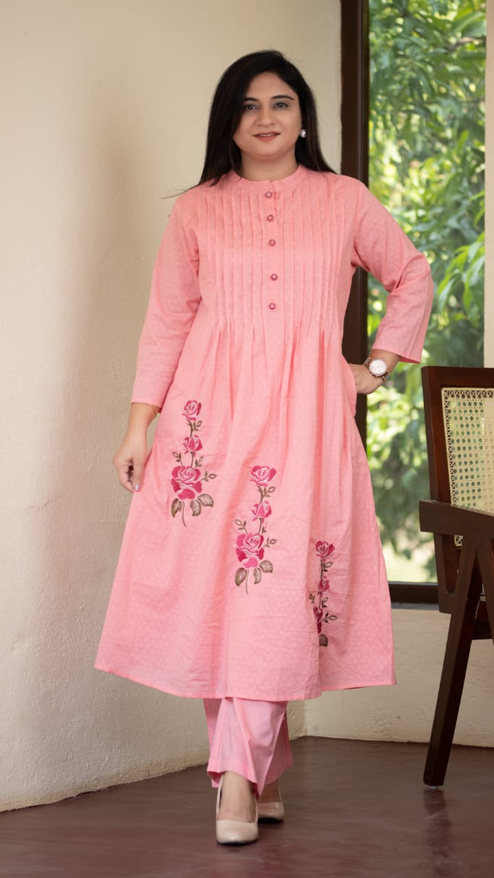 Pink Pintuck Kurta with Floral Embroidery