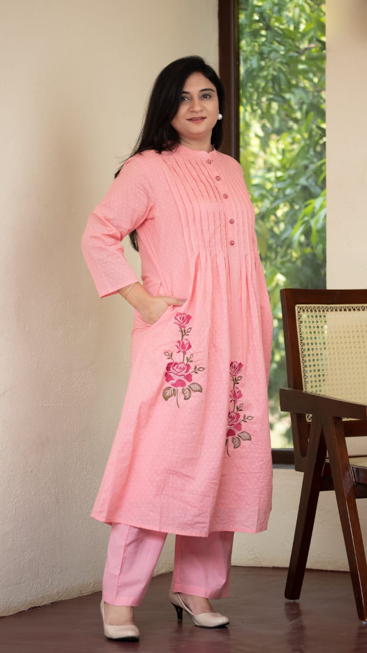 Pink Pintuck Kurta with Floral Embroidery