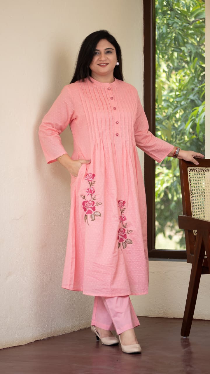 Pink Pintuck Kurta with Floral Embroidery