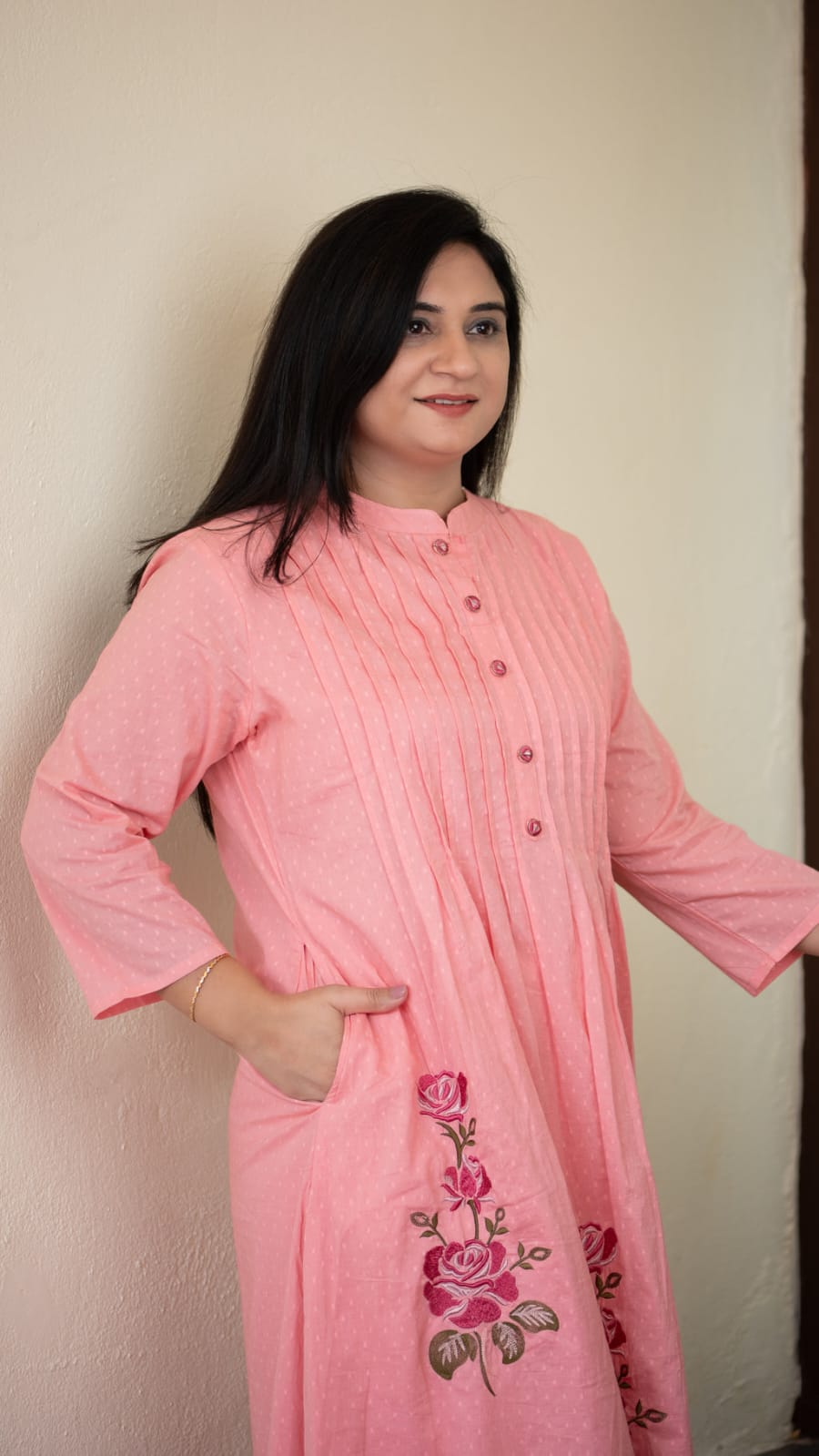 Pink Pintuck Kurta with Floral Embroidery
