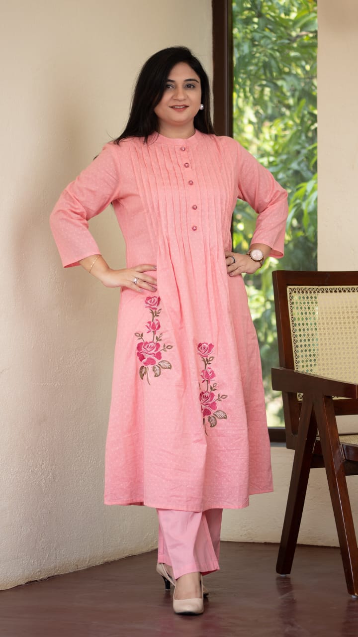 Pink Pintuck Kurta with Floral Embroidery
