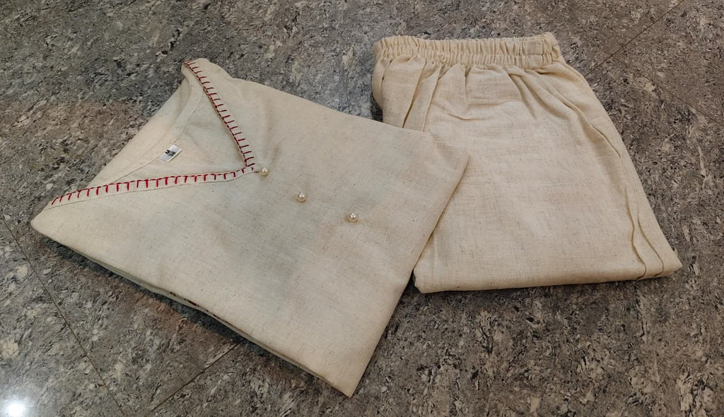 Cream Kurta Set with Pink Side Embroidery