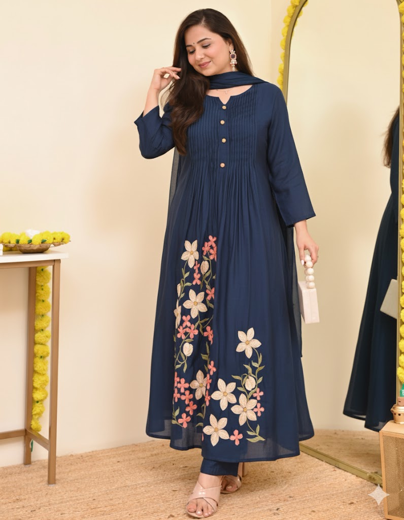 Blue Floral Embroidered Pintuck Kurta Set with Dupatta
