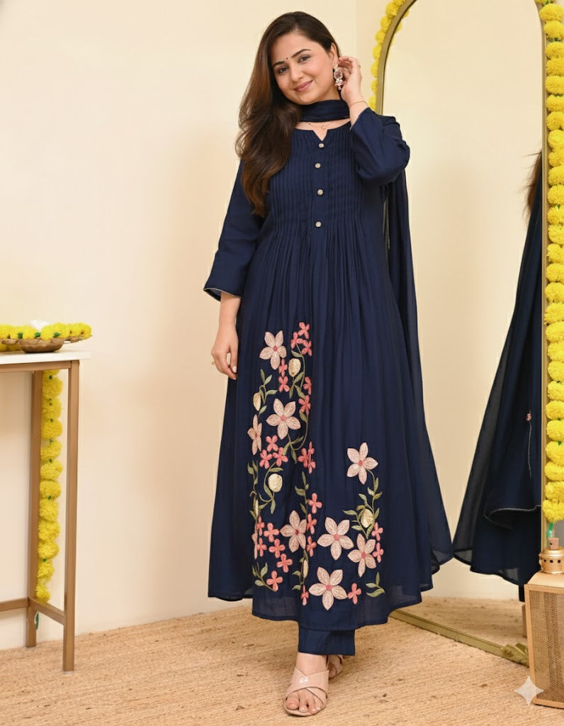 Blue Floral Embroidered Pintuck Kurta Set with Dupatta