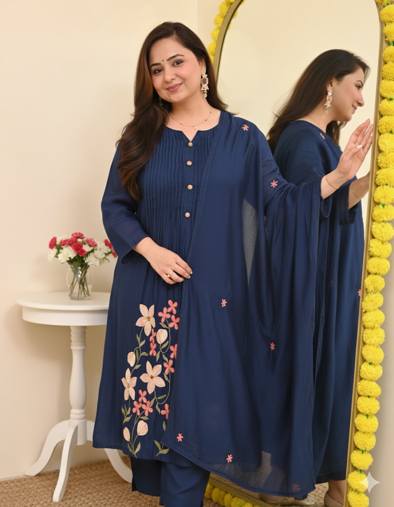 Blue Floral Embroidered Pintuck Kurta Set with Dupatta