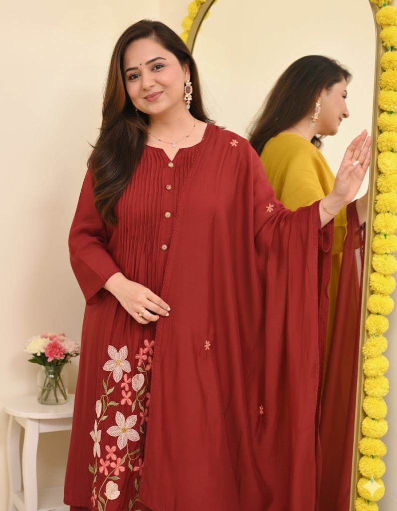 Wine Floral Embroidered Pintuck Kurta Set with Dupatta