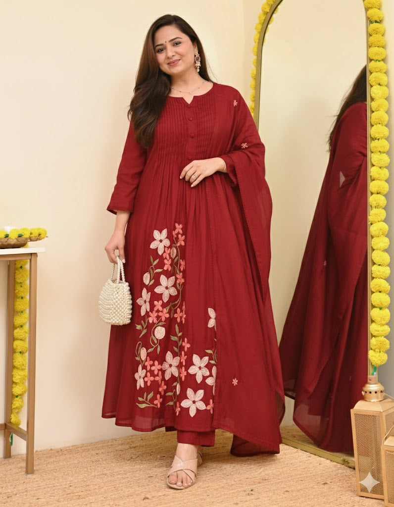 Wine Floral Embroidered Pintuck Kurta Set with Dupatta
