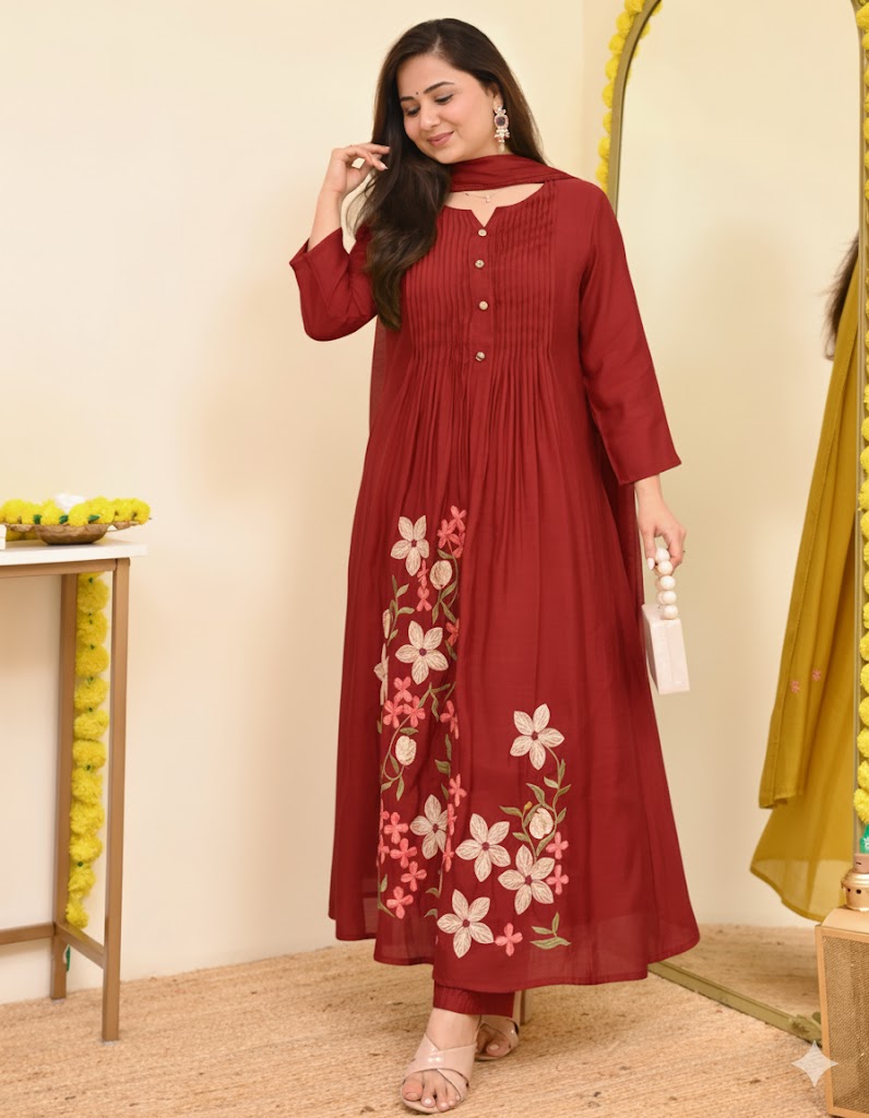 Wine Floral Embroidered Pintuck Kurta Set with Dupatta