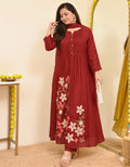 Wine Floral Embroidered Pintuck Kurta Set with Dupatta