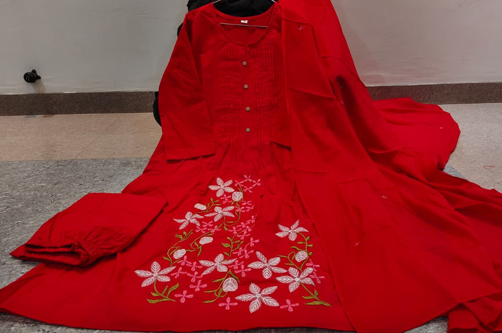 Wine Floral Embroidered Pintuck Kurta Set with Dupatta