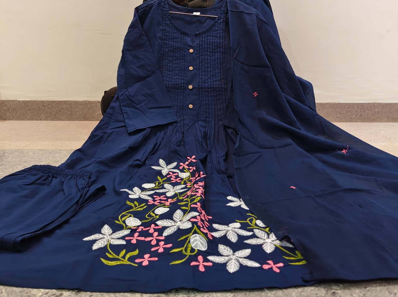 Blue Floral Embroidered Pintuck Kurta Set with Dupatta