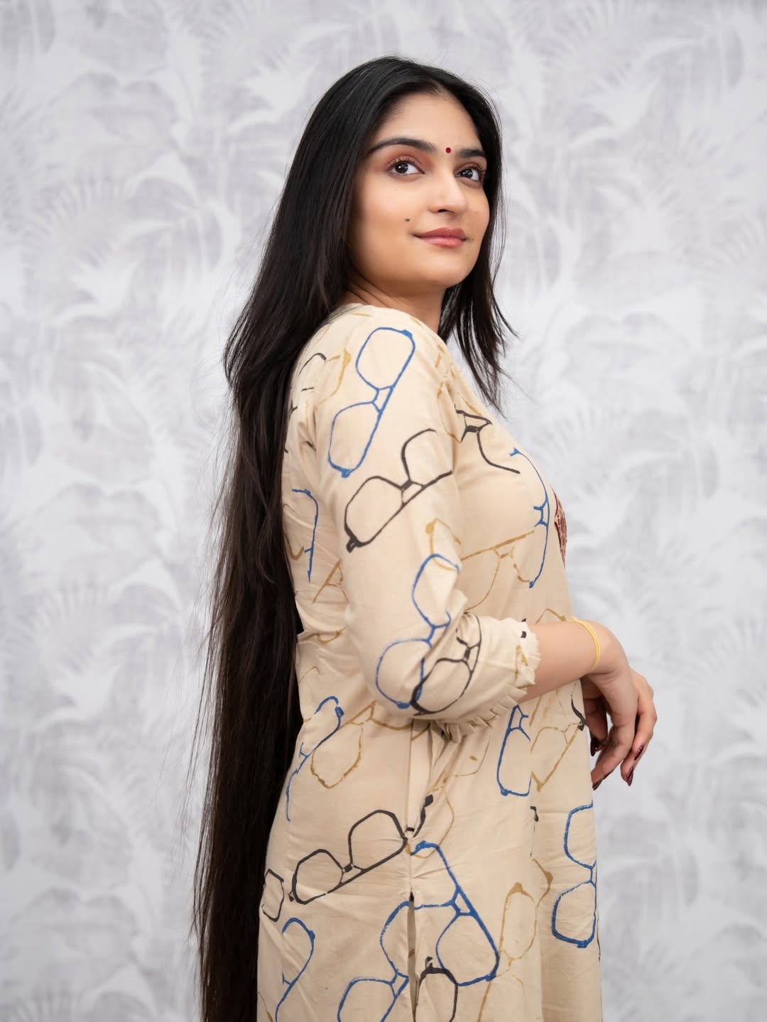 Beige Cotton Kurta Set with Spectacle Print