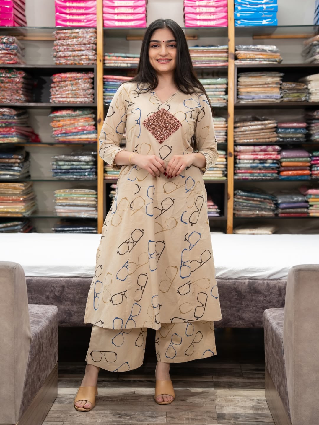 Beige Cotton Kurta Set with Spectacle Print