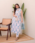 Blue Blossom Printed Cotton Kurta Set with Dupatta
