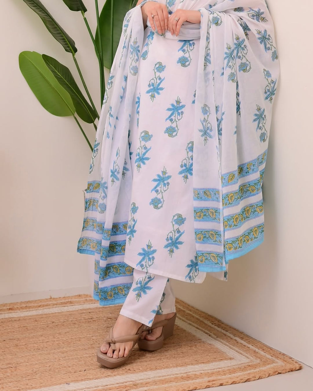 Blue Blossom Printed Cotton Kurta Set with Dupatta