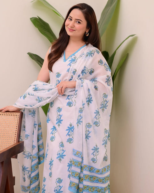 Blue Blossom Printed Cotton Kurta Set with Dupatta