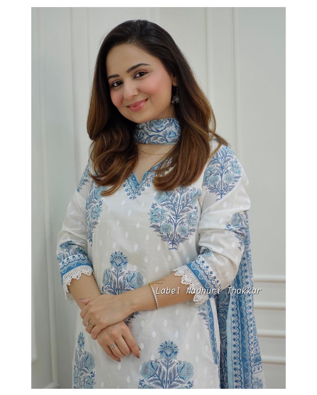 White & Blue Block Print Cotton Suit with Lace Detail