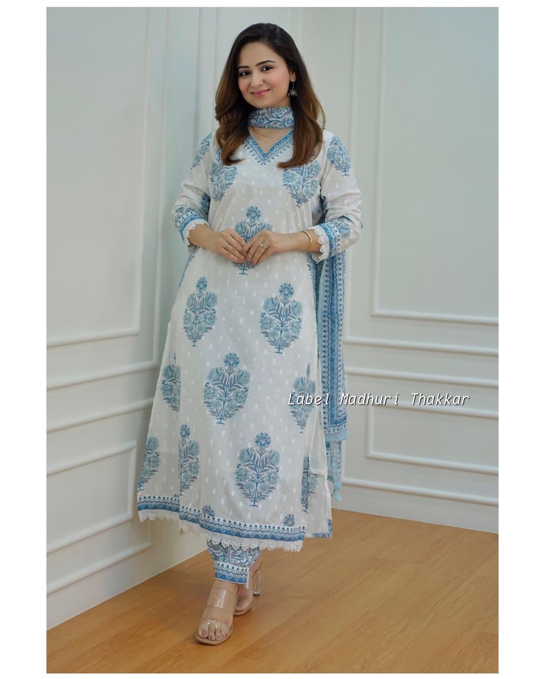 White & Blue Block Print Cotton Suit with Lace Detail