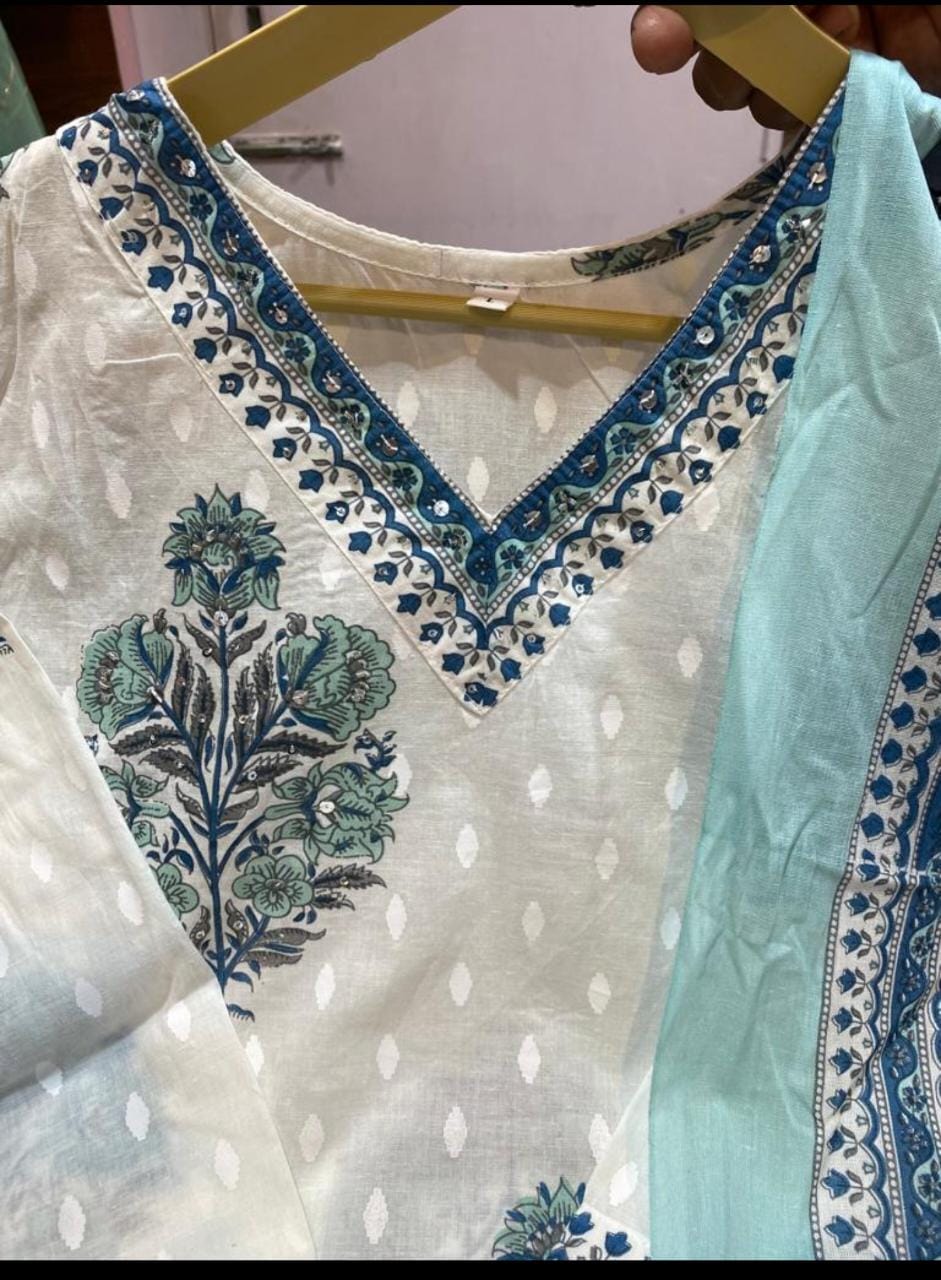 White & Blue Block Print Cotton Suit with Lace Detail