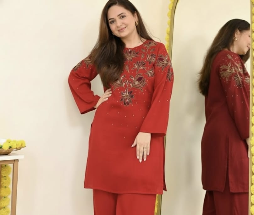 Deep Red Embroidered Cotton Co-ord Set