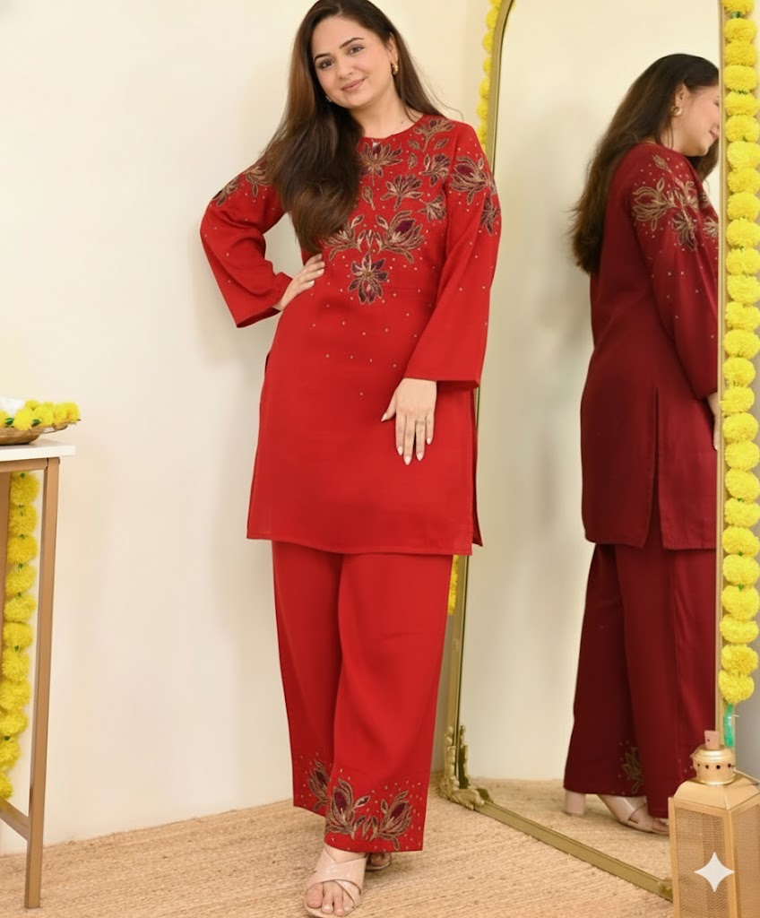 Deep Red Embroidered Cotton Co-ord Set