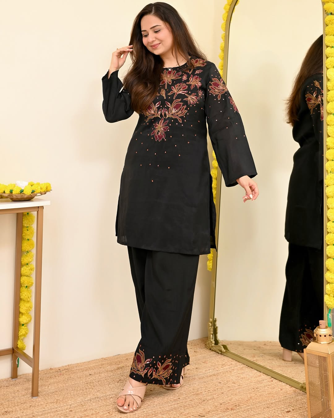 Deep Black Embroidered Cotton Co-ord Set