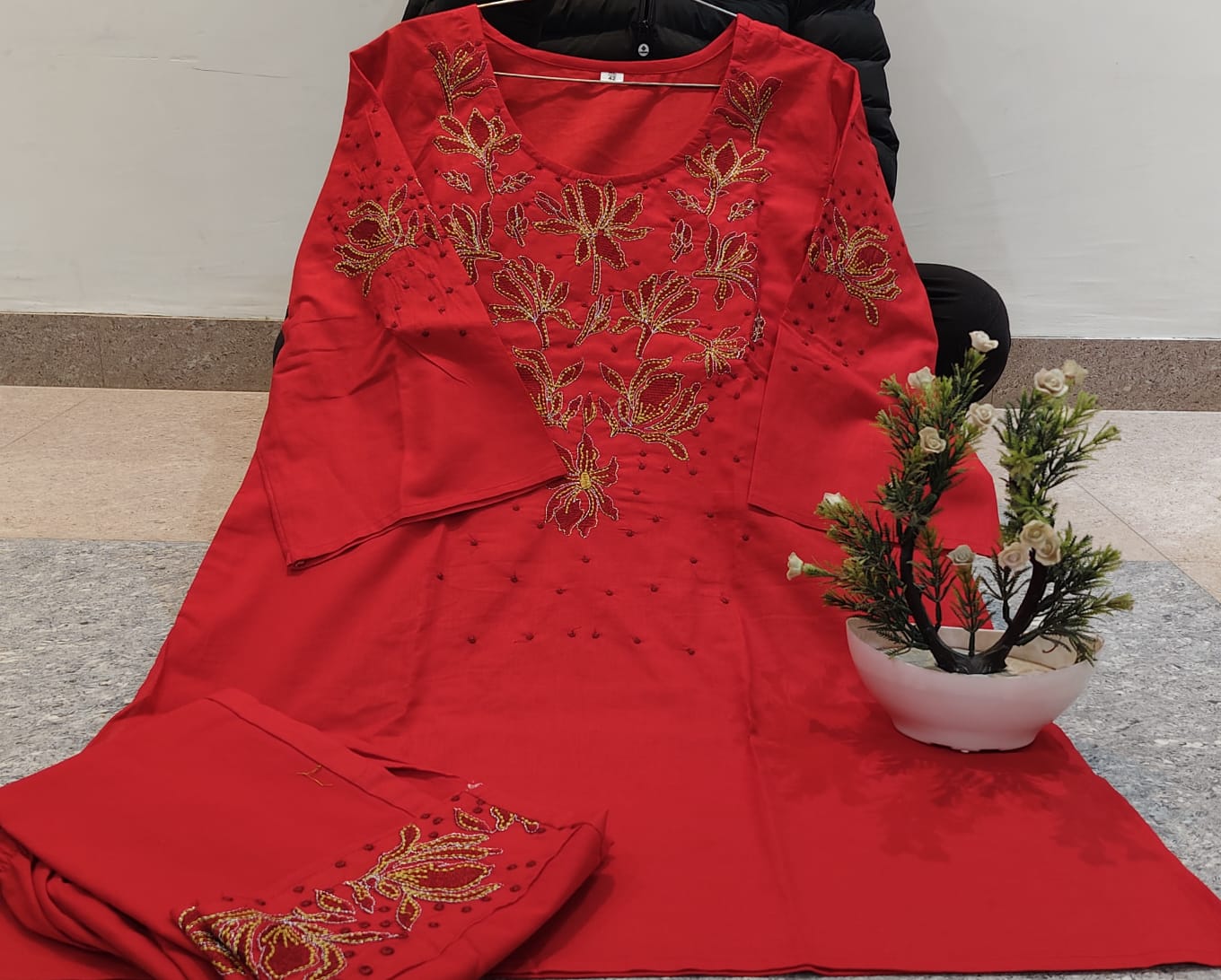 Deep Red Embroidered Cotton Co-ord Set