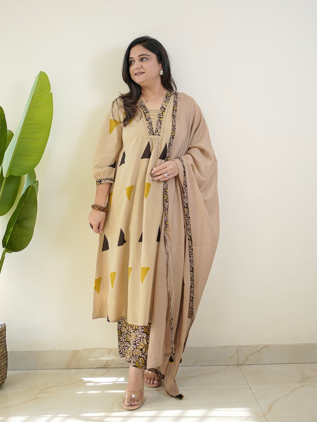 Cream Cotton Suit with Geometric Triangle Print