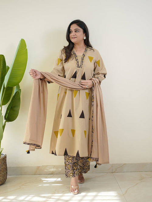 Cream Cotton Suit with Geometric Triangle Print