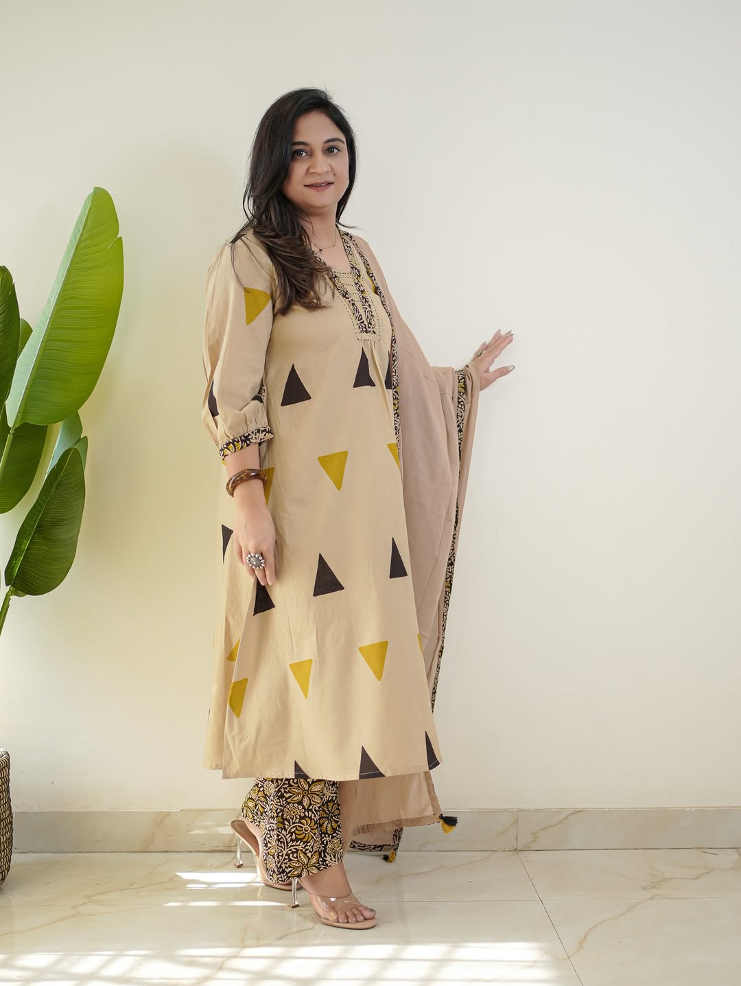 Cream Cotton Suit with Geometric Triangle Print