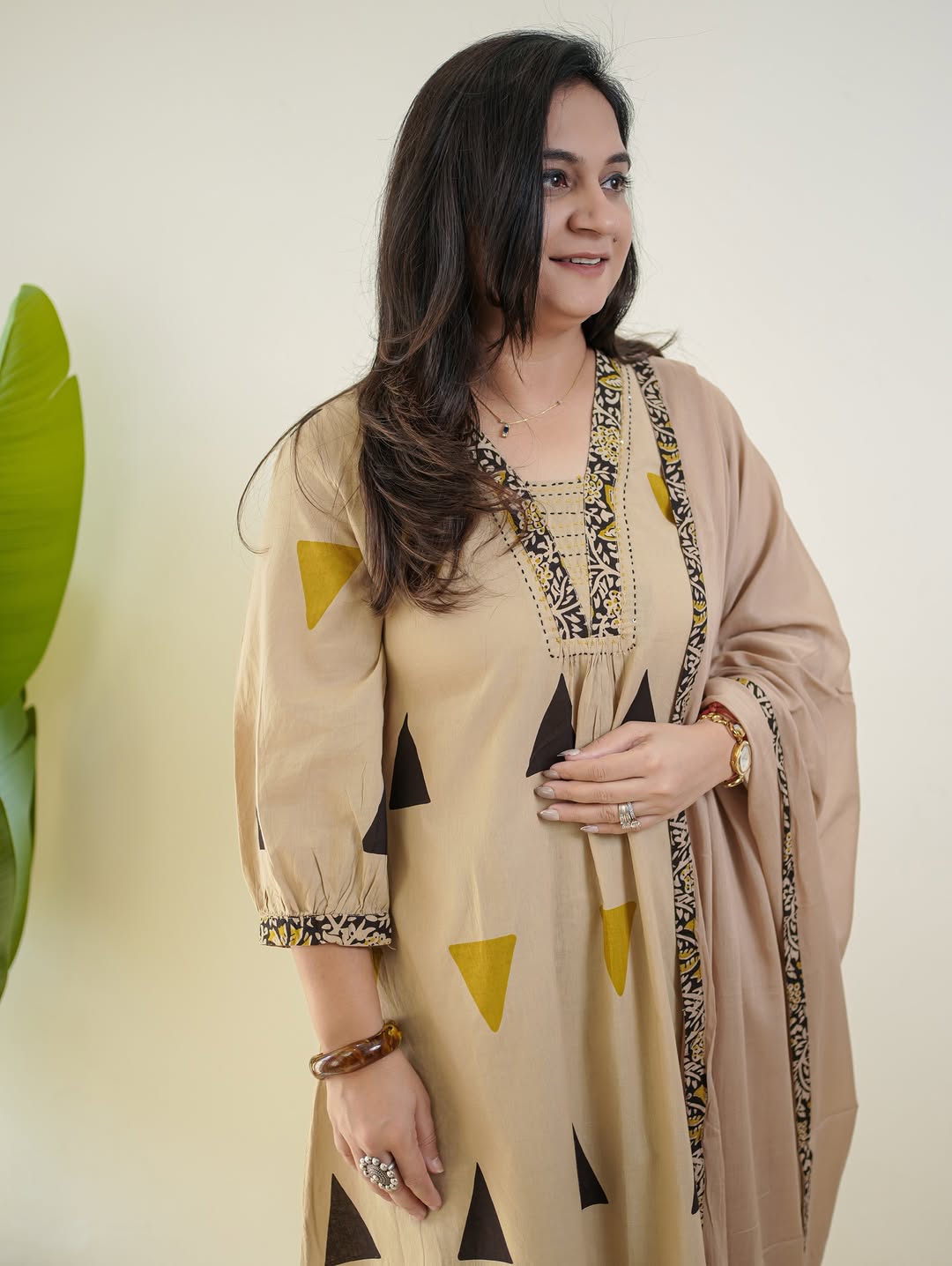 Cream Cotton Suit with Geometric Triangle Print