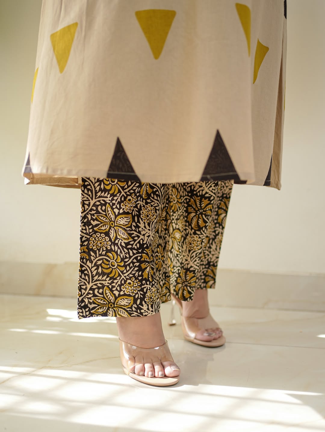 Cream Cotton Suit with Geometric Triangle Print