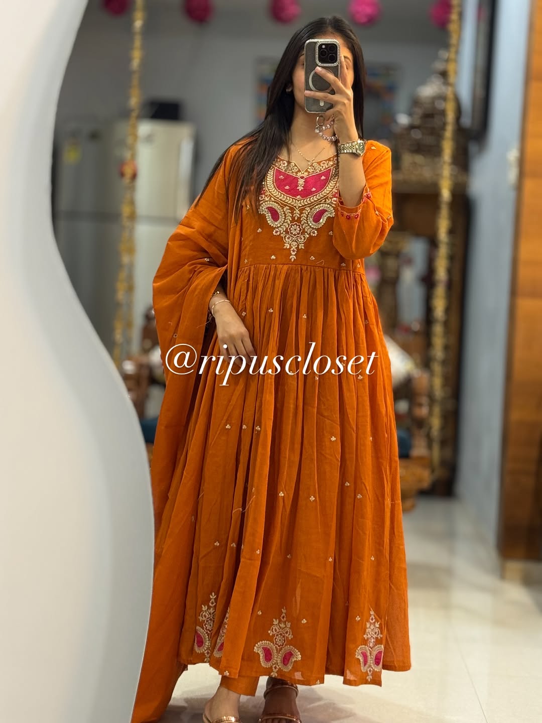 Orange Embroidered Cotton Anarkali Set