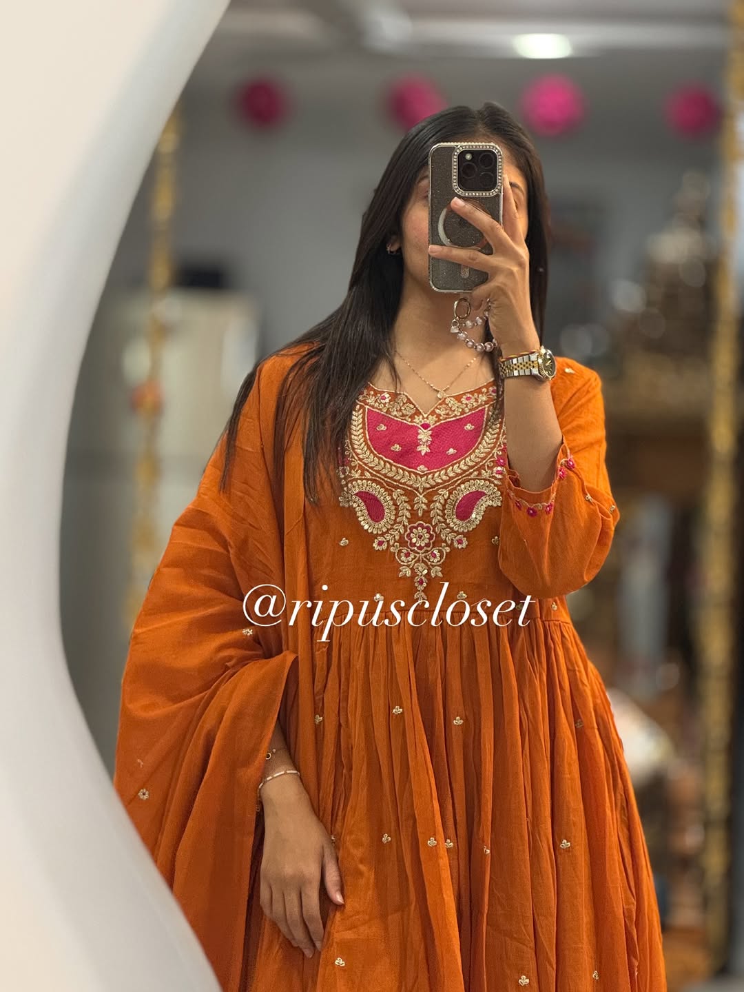 Orange Embroidered Cotton Anarkali Set