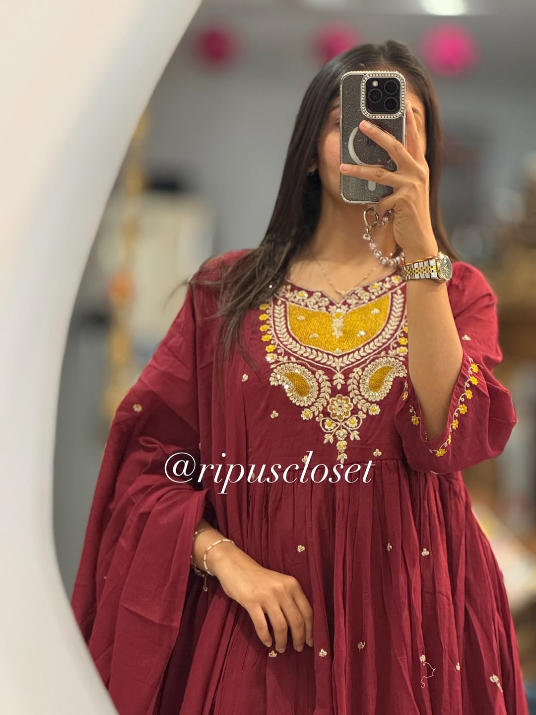 Maroon Embroidered Cotton Anarkali Set