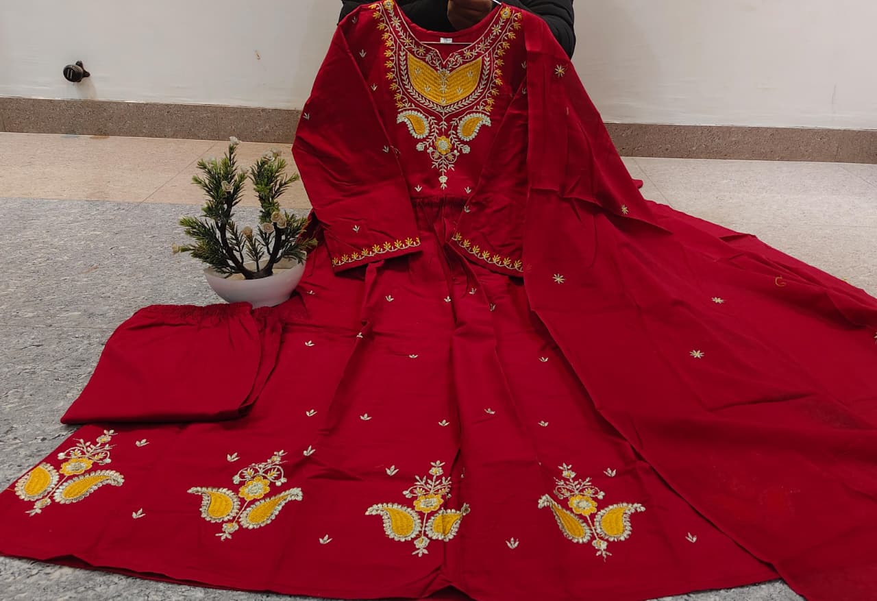 Maroon Embroidered Cotton Anarkali Set