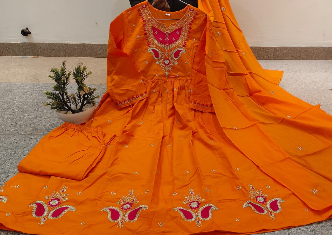 Orange Embroidered Cotton Anarkali Set
