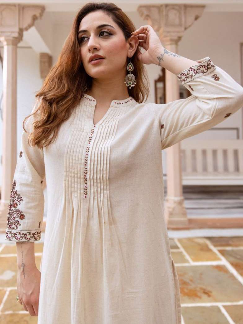 Cream Cotton Kurta Set with Maroon Embroidery