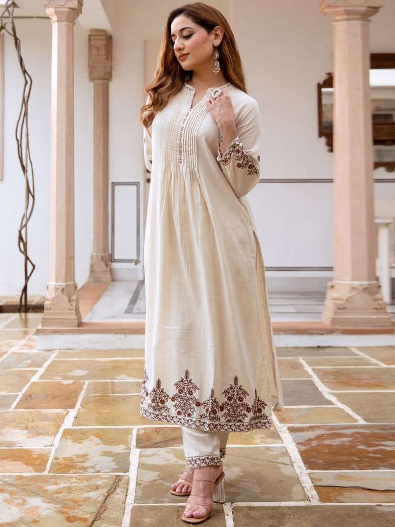 Cream Cotton Kurta Set with Maroon Embroidery